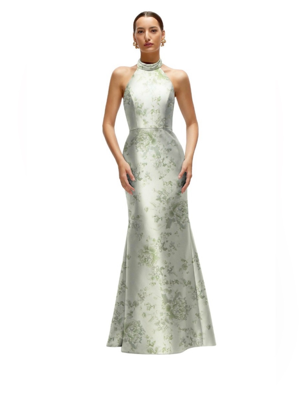 Halter Neck Floral Jacquard Evening Gown in Light Sage